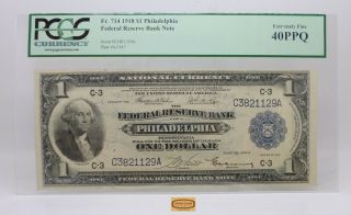 Fr.  714 1918 Philadelphia Large Size Federal Reserve $1,  Pcgs Ef 40 Ppq - 17258