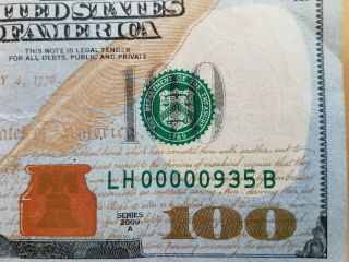 Low Serial Number 2009 A $100 Dollar Bill 00000985