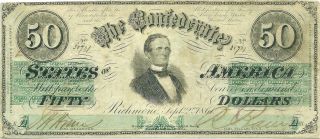 1861 $50 Confederate Civil War Currency T - 16 Jefferson Davis Green Tints
