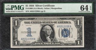 A - A Block 1934 $1 Silver Certificate - Pmg Choice Uncirculated 64epq - C2c