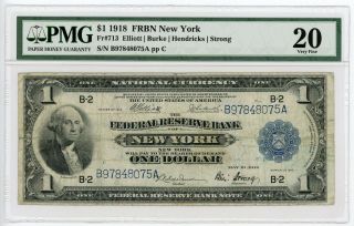 1918 Fr.  713 $1 U.  S.  (york,  Ny) Federal Reserve Bank Note - Pmg Vf 20