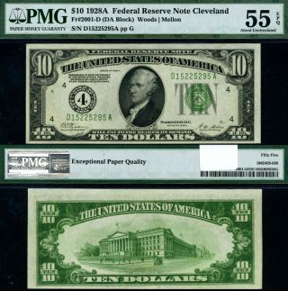 Fr.  2001 D $10 1928 - A Federal Reserve Note Cleveland D - A Block Pmg Au55 Epq
