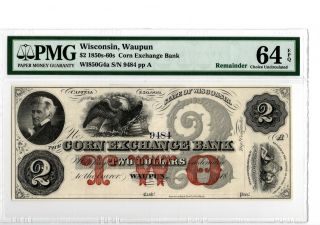 1850s - 60s $2 Corn Exchange Bank Waupun,  Wi Obs Note Pmg 64epq Wi850g - 4a 19 - C405