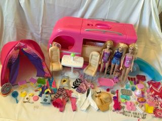Barbie 3 Floors Pop - Up Camper Dream Van Rv With Pool Loaded W/ Tent & Dolls