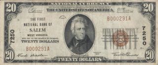 1929 Twenty Dollar $20 National Currency Bank Note Bank Of Salem Wv Brown Seal