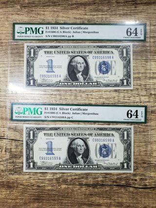 (2) Consecutive Uncirculated 1934 $1 Silver Certificates Pmg 64 Epq Fr1606