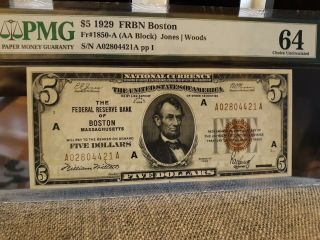 1929.  $5 Frbn Boston - Fr 1850 A Block Pmg 64 26