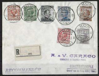 Cos Egeo Islands 1913 Cover With Complete Set To Constantinopel Sass 1 - 7 Vf