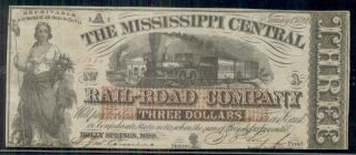 Mississippi - Mississippi Central Railroad Co,  1862,  $3.  00 W/train Center & Tree