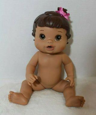 2008 Hasbro Baby Alive Drink And Wet Baby Doll Brown Hair Brown Eyes Pink Bow