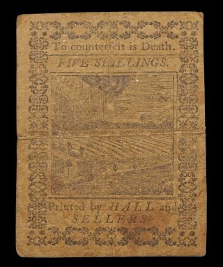 Pennsylvania October 1,  1773 5 Shillings,  Serial 9396.  Pa - 166.