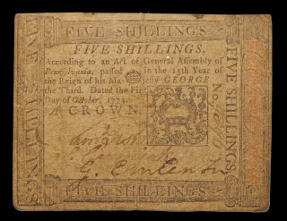Pennsylvania October 1,  1773 5 Shillings,  Serial 9396.  PA - 166. 2