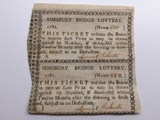 1781 Simsbury Bridge Lottery Tickets Connecticut - Revolutionary War