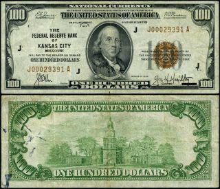 Fr.  1890 J $100 1929 Federal Reserve Bank Note Kansas City J - A Block Vf,  Ink