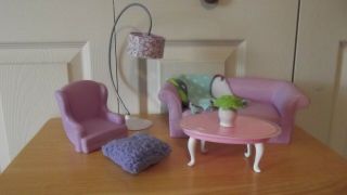 Barbie Furniture: Living Room Purple Love Seat Sofa Couch,  Chair Table Lamp