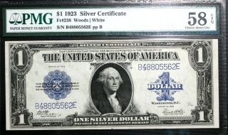 1923 $1 Fr 238 Silver Certificate Woods/white Pmg 58 Epq Choice About Unc