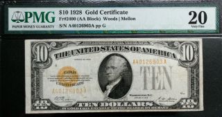 Fr 2400 1928 $10 Gold Certificate Pmg 20 Very Fine Bright