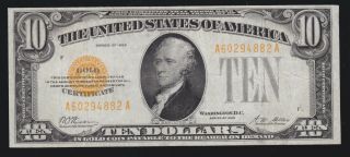 Us 1928 $10 Gold Certificate Fr 2400 Vf - Xf (882)
