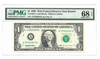 1995 $1 Boston " Web " Frn,  Pmg Gem Uncirculated 68 Epq Banknote,  A/d Block