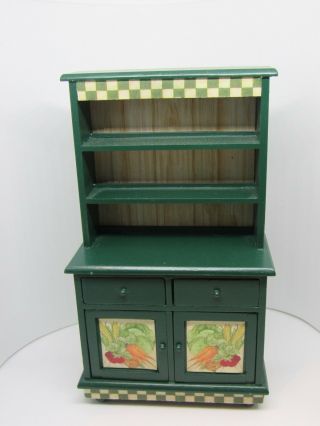 Dollhouse Miniatures,  Green Kitchen Hutch With Vegetable Pattern,  1/12 Scale