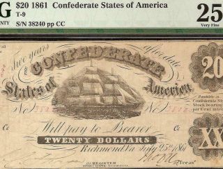 1861 $20 Confederate States Currency Civil War Ship Note Paper Money T9 Pmg 25