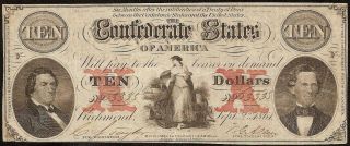 1861 $10 Dollar Bill Confederate States Currency Civil War Note Paper Money T - 26