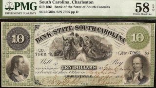 Large 1861 $10 Dollar South Carolina Bank Note Currency Paper Money Pmg 58 Epq