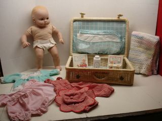 Retired Pleasant Co/american Girl Bitty Baby Doll & Wicker Suitcase Travel Set