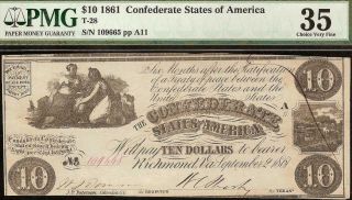 1861 $10 Dollar Bill Confederate States Currency Civil War Note Money T - 28 Pmg