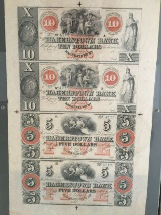 1860s $5/$10 Hagerstown Bank Md Uncut Sheet Of 4