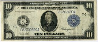 1914 $10 Ten Dollars Federal Reserve Note Large Size Us Currency - Jd647