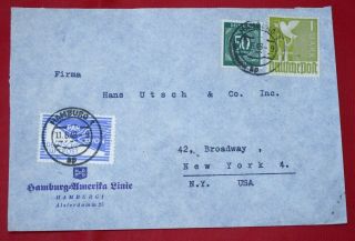 Germany Hambur Amerika Line Airmail Label Tied 1948 To Us York
