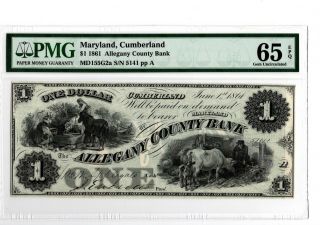 1861 $1 Allegany County Bank Cumberland,  Md Obs Note Md155g - 2a Pmg 65epq 19 - C244