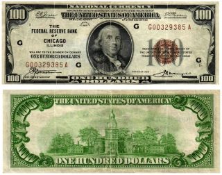 1929 $100 U.  S.  Sm Size Federal Reserve Bank Note " Chicago " Fr 1890 - G Circulated