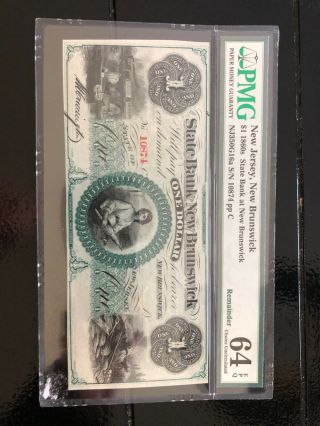 1860s $1 Jersey State Bank At Brunswick Remainder Obsolete Cu 64 Epq