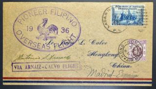 Philippines Via Hong Kong China Tp Spain 1936 Rare Pilot Sign Dual Franked Cover