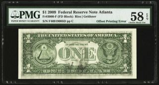 Face To Back Light 100 Offset Error Fr.  3000 - F $1 2009 Frn Pmg Choice About Unc