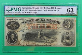1857 $3 Western Exchange Omaha City Nebraska Obsolete Pmg 63 Choice Unc Signed