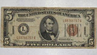 1934 A $5 Federal Reserve Note Hawaii Overprint Circulated F/vf (767a)