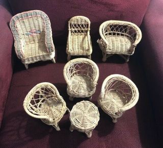 Vintage Handcrafted Woven Wicker Doll Furniture 7 Piece Porch/patio Ensemble