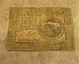 1777 Colonial Currency Bank Note $4 Four Spanish Milled Dollars