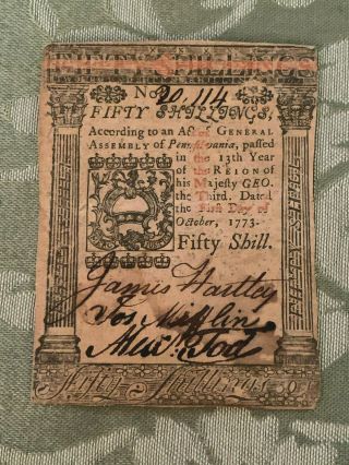 Colonial Currency Bank Note,  October 1,  1773,  Fifty 50 Shillings Pennsylvania