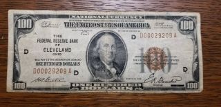1929 - $100.  Federal Bank Of Cleveland - One Hundred Dollar Bill -