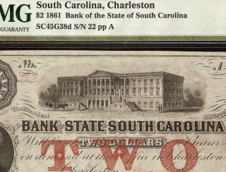 1861 $2 Dollar Low 22 South Carolina Bank Note Large Currency Paper Money Pmg