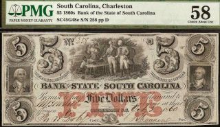 Large 1860 $5 Dollar Bill South Carolina Bank Note Currency Paper Money Pmg 58