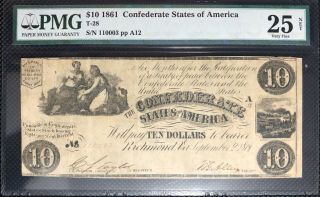 1861 $10 Dollar Bill Confederate States Currency Civil War Note T - 28 Pmg 25