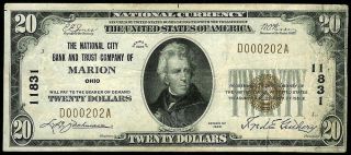1929 Type 1 Marion,  Ohio $20 National Bank Note - Very Fine - Charter 11831