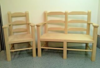 Unfinished Pine Wood Doll Teddy Bear Armed Ladderback Chair And Bench Set,  9 "