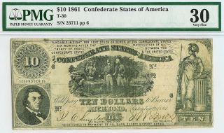1861 Confederate States Of America $10 Richmond Virginia Note Pmg Very Fine 30