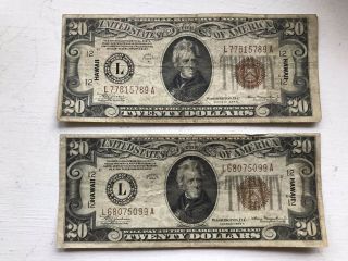 Two 1934 A Series Us $20 Twenty Dollar War Time Issue Currency Hawaii Notes